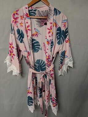 Desirae Floral Pink Robe from Adore Me Tropical Floral Lace-Trim Kimono Robe